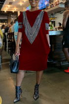 Wine Red Casual Street Long Sleeves O neck Straight Knee-Length Print diamonds Dresses