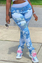 Light Blue Blends Zipper Fly Mid Print washing Old pencil Pants Bottoms