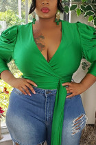 Green V Neck Long Sleeve Solid Tops