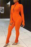 Orange Fashion Sexy Solid zipper Long Sleeve O Neck Jumpsuits