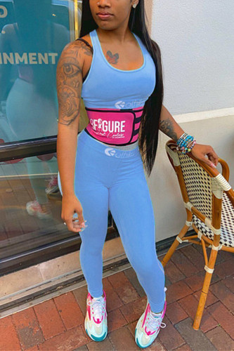 Light Blue Fashion Casual Sportswear Sleeveless U Neck Spaghetti Strap Regular Print Two Pieces