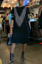 Black Fashion Casual Regular Sleeve Long Sleeve O Neck Knee Length Patchwork Dresses