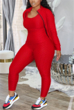 rose red Sexy Active Solid Three-Piece Suits Turndown Collar Long Sleeve Cap Sleeve Regular Two Pieces