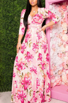Pink Fashion Regular Sleeve Half Sleeve V Neck Printed Dress Floor Length Print Dresses