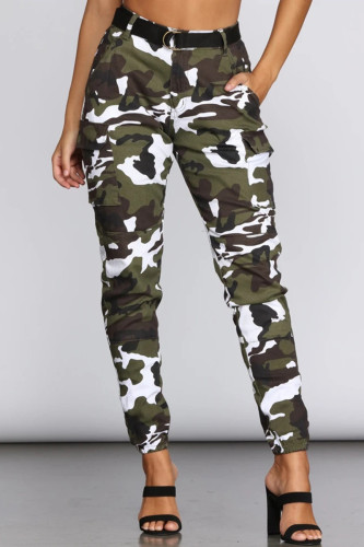 White Drawstring High Print camouflage pencil Pants Bottoms