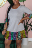 Grey Fashion Casual O Neck Leopard Patchwork Print ruffle Plus Size
