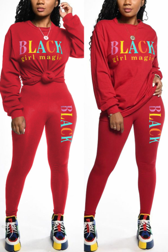 Wine Red Fashion Casual adult Ma'am Letter Print Two Piece Suits pencil Long Sleeve Two Pieces