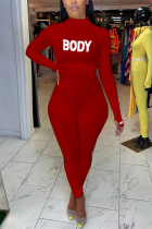 Red Fashion Casual Turtleneck Long Sleeve Regular Sleeve Skinny Letter Print Jumpsuits