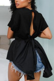 Black Fashion Casual O Neck Short Sleeve Regular Sleeve Regular Solid Tops