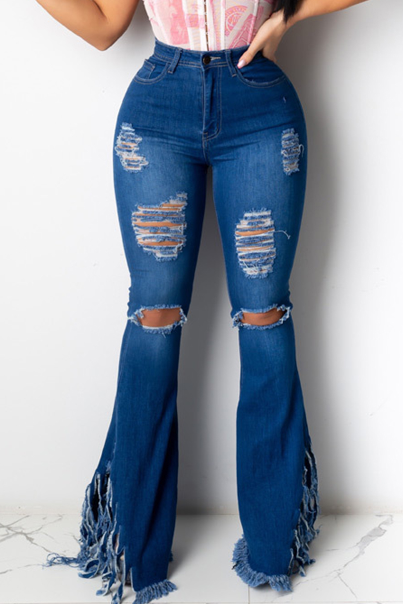 Light Blue Denim Zipper Fly Mid Solid Tassel Hole Boot Cut Pants ...