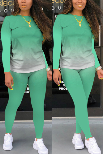 Green Fashion Casual Long Sleeve O Neck Regular Sleeve Regular Gradual Change Print Two Pieces