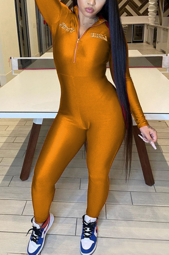 Yellow Fashion Casual Solid Long Sleeve Turndown Collar Jumpsuits