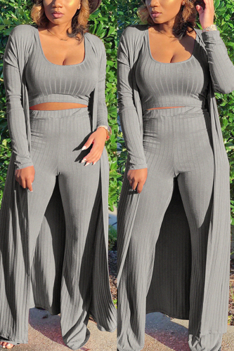 Gray Fashion Casual Daily Sleeveless Cold Shoulder Tank Regular Solid Two Pieces