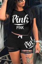 Black Fashion Casual Short Sleeve O Neck Regular Sleeve Short Letter Print Two Pieces