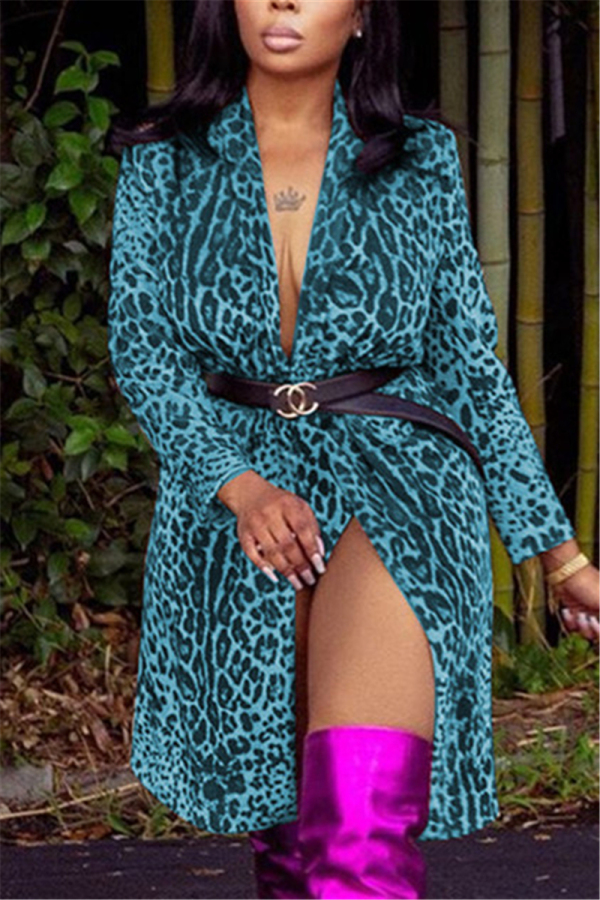 Blue cardigan Leopard Print Nylon Print Long Sleeve Outerwear