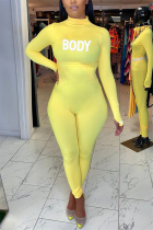 Yellow Fashion Casual Turtleneck Long Sleeve Regular Sleeve Skinny Letter Print Jumpsuits