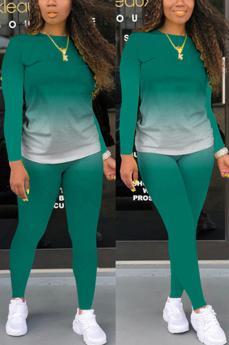 Ink Green Fashion Casual Long Sleeve O Neck Regular Sleeve Regular Gradual Change Print Two Pieces