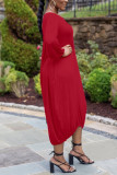 Red OL lantern sleeve Long Sleeves O neck Step Skirt Mid-Calf Solid Dresses