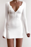 White Casual Regular Sleeve Long Sleeve V Neck Mini Solid Dresses
