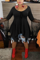 Black Fashion Casual V Neck Long Sleeve Flare Sleeve Solid Plus Size Tops