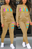 Khaki Fashion Casual adult Ma'am Letter Print Two Piece Suits pencil Long Sleeve Two Pieces
