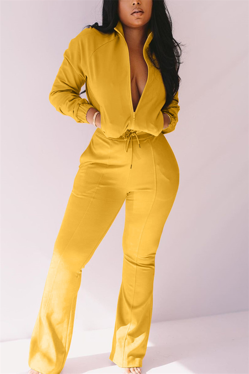 

Yellow Fashion Casual Zipper Collar Long Sleeve Regular Sleeve Regular Solid Jumpsuits