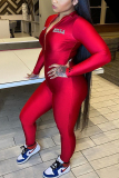 Red Fashion Casual Solid Long Sleeve Turndown Collar Jumpsuits