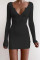 Black Casual Regular Sleeve Long Sleeve V Neck Mini Solid Dresses