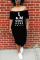 Black Fashion Off The Shoulder Short Sleeve Bateau Neck Printed Dress Mid Calf Letter Print Dresses