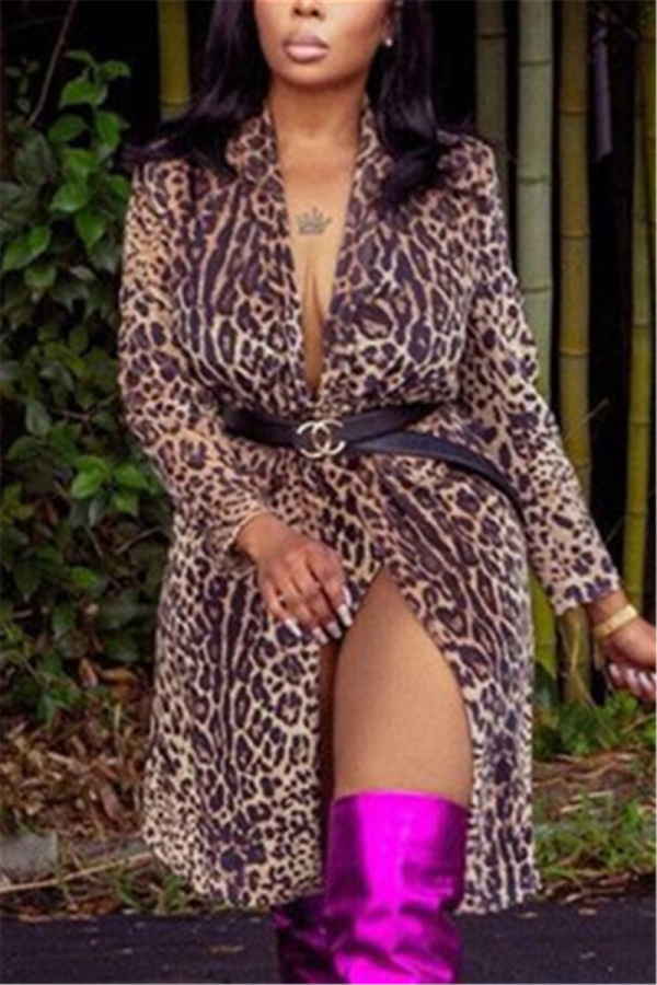 Brown cardigan Leopard Print Nylon Print Long Sleeve Outerwear