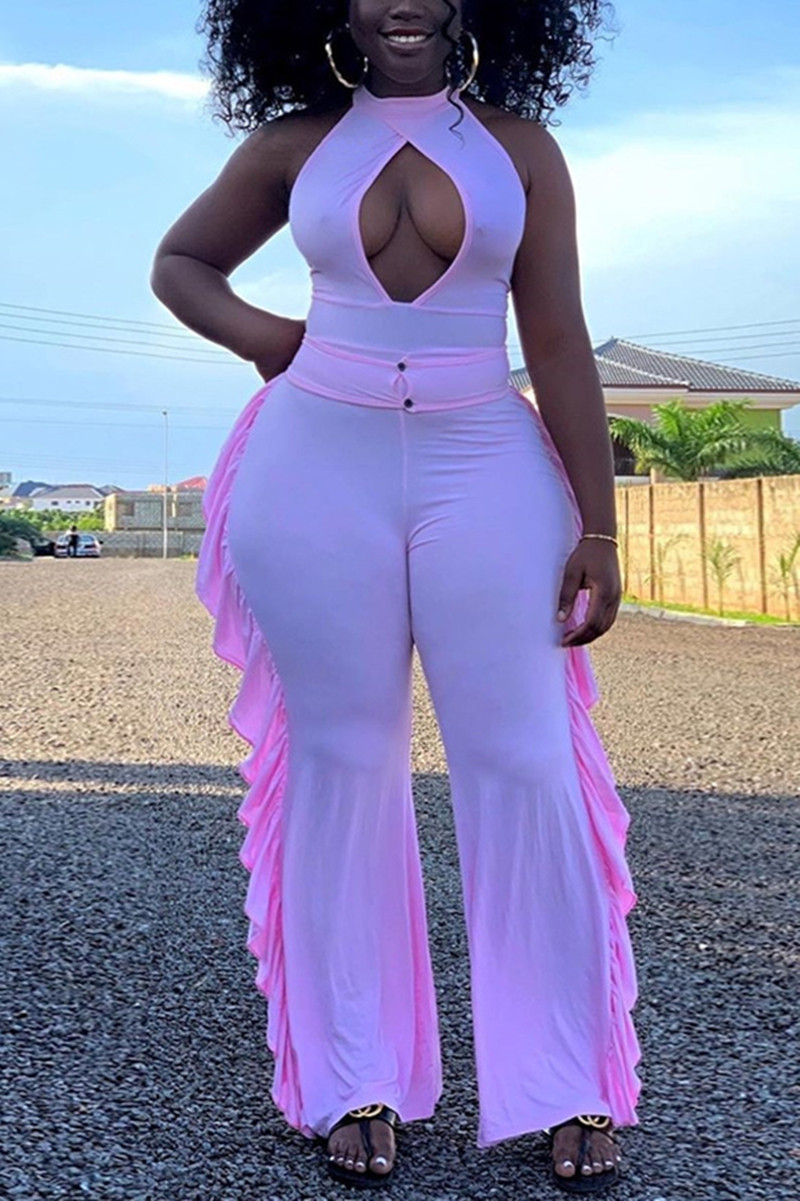 

Pink Sexy O Neck Sleeveless Off The Shoulder Skinny Solid Jumpsuits