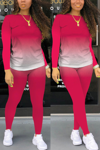 Rose Red Fashion Casual Long Sleeve O Neck Regular Sleeve Regular Gradual Change Print Two Pieces