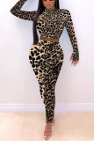 Leopard print Europe and America Leopard Print pencil Long Sleeve Two Pieces
