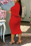 Red Fashion Sexy Regular Sleeve Long Sleeve Turtleneck Long Sleeve Dress Mid Calf Solid Dresses