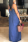 Blue Fashion Casual Spaghetti Strap Sleeveless V Neck A-Line Floor-Length Old washing Dresses