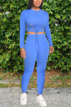 Blue Casual Solid Straight Long Sleeve Two Pieces