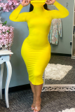 Yellow Fashion Sexy Regular Sleeve Long Sleeve Turtleneck Long Sleeve Dress Mid Calf Solid Dresses