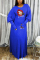 Blue Polyester Lightly cooked Long Sleeves O neck Lantern skirt Floor-Length Print Dresses