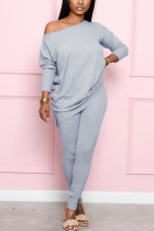 Grey Casual OL Solid pencil Long Sleeve Two Pieces