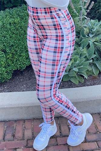 multicolor Elastic Fly High Plaid Print Straight Pants Bottoms