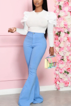 Light Blue Fashion Sweet Work Daily Long Sleeve O Neck Hubble-Bubble Sleeve Regular Solid Two Pieces