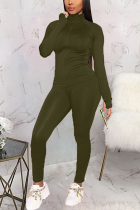 Army Green Fashion Sexy Active Casual Europe and America Solid Straight Long Sleeve Two Pieces