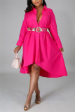 Rose Red Fashion Casual Regular Sleeve Long Sleeve Turndown Collar Shirt Dress Knee Length Solid Dresses
