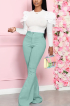 Light Green Fashion Sweet Work Daily Long Sleeve O Neck Hubble-Bubble Sleeve Regular Solid Two Pieces