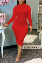 Red Fashion Sexy Regular Sleeve Long Sleeve Turtleneck Long Sleeve Dress Mid Calf Solid Dresses