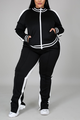 Black Fashion Casual Sportswear Zipper Collar Long Sleeve Regular Sleeve Patchwork Plus Size Set