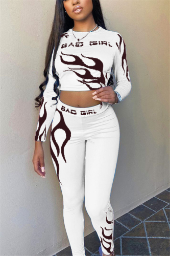 White Fashion adult Ma'am Street Print Two Piece Suits pencil Long Sleeve Two Pieces