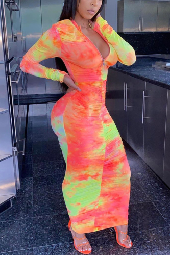 Orange Sexy Long Sleeves O neck Step Skirt Ankle-Length Print Tie and dye asymmetrical chain Dresses