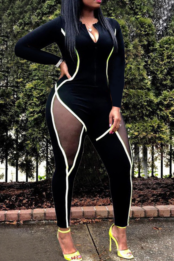 Black Sexy Mesh Long Sleeve V Neck Jumpsuits