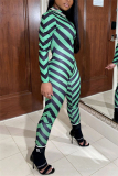 Green Fashion street Striped Milk. Long Sleeve O Neck Jumpsuits